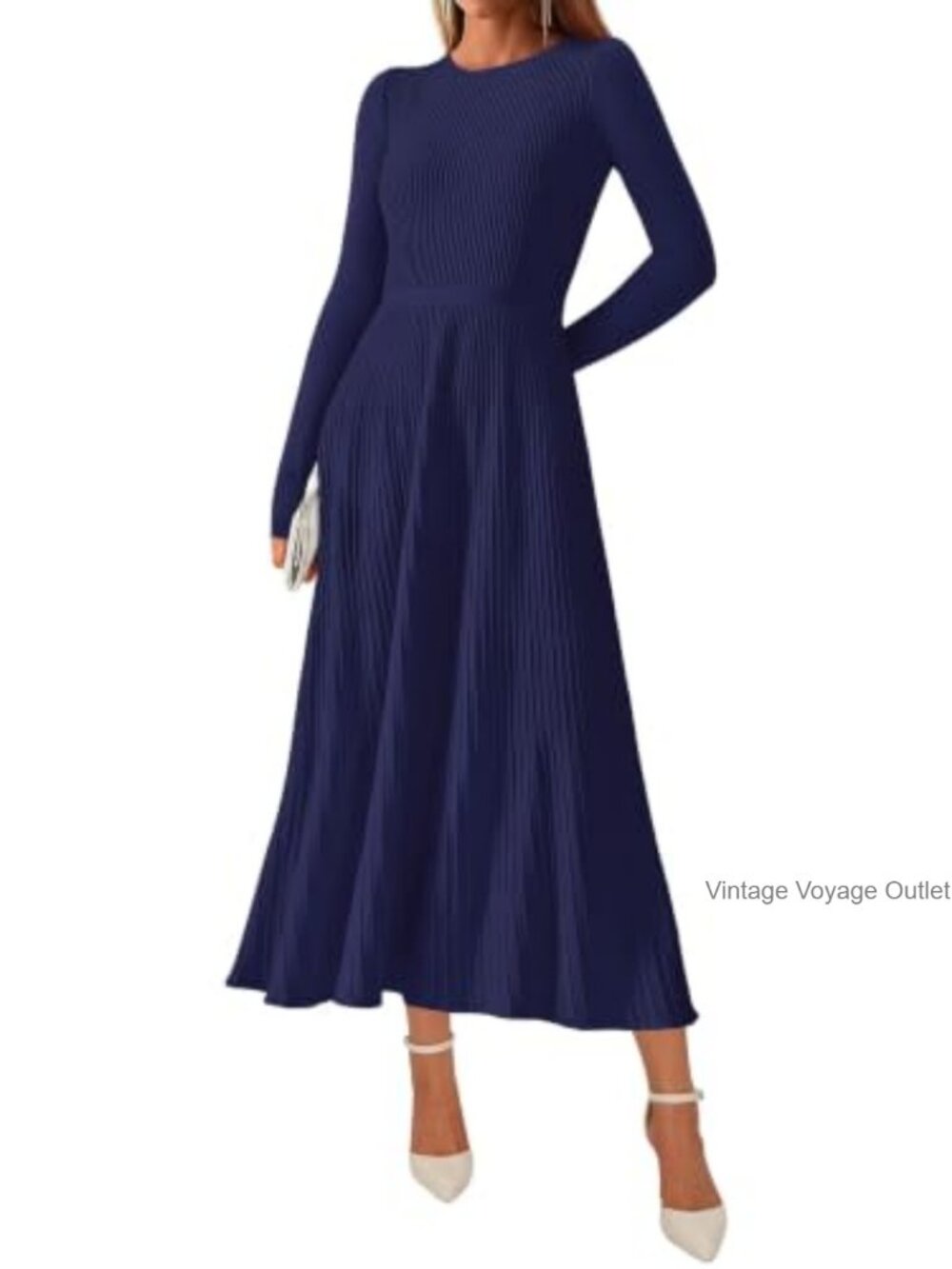 Ribbed Knit Pleated Long Sleeve Sweater Dress Midi A-Line